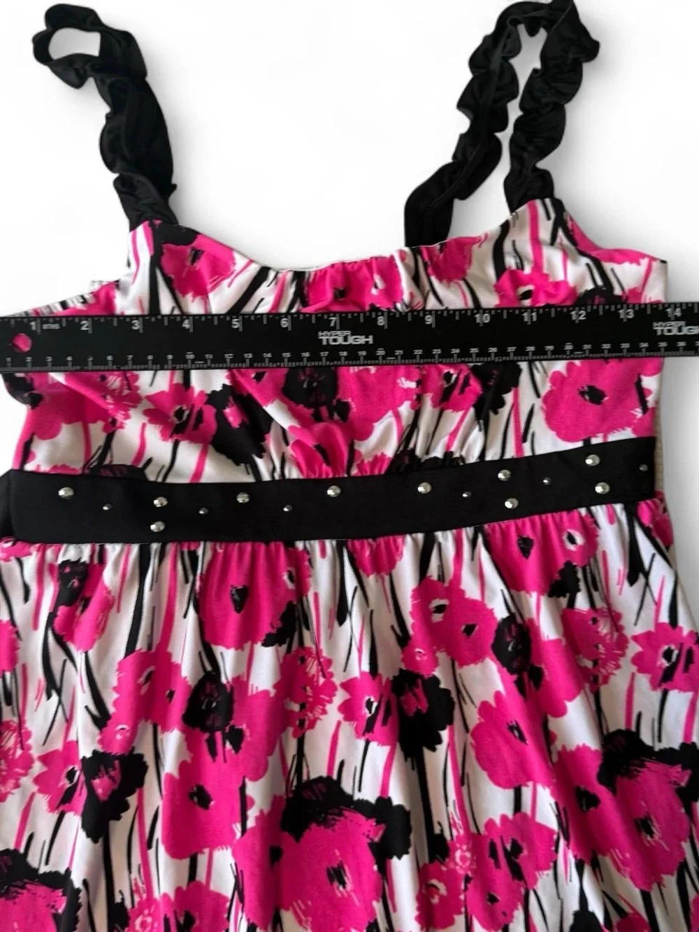 Vintage Y2K Justice Pink Black White Babydoll Floral Ruffle Dress Girls 14